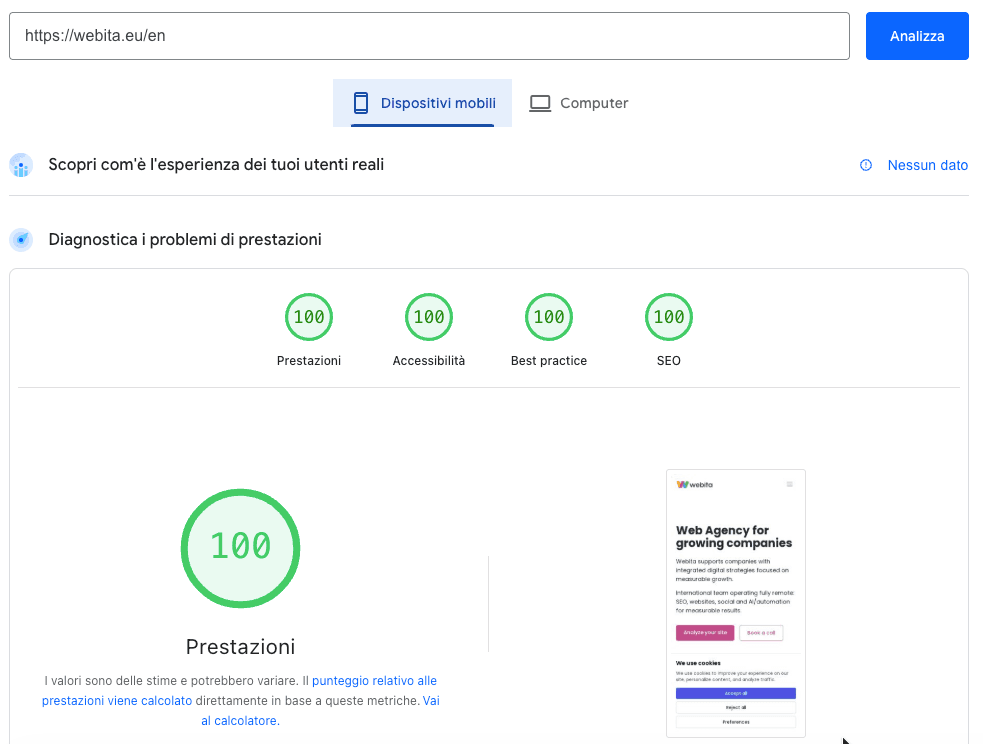 Google PageSpeed tulemus 100 punkti 100-st