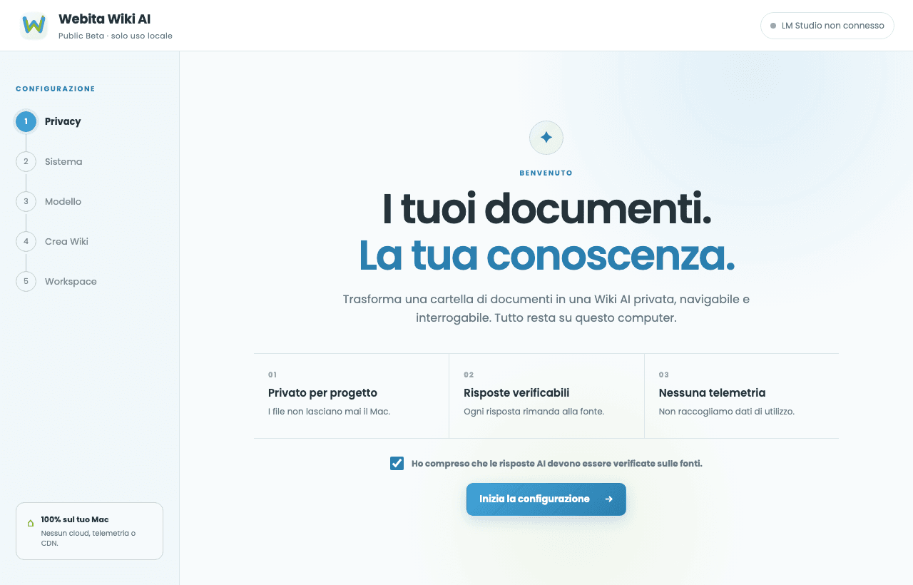 Interfaccia di Webita Wiki AI con brand e schermata dell'applicazione