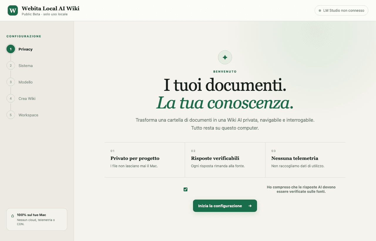Screenshot di Webita Wiki AI con AI locale per documenti, importazione, configurazione e workspace